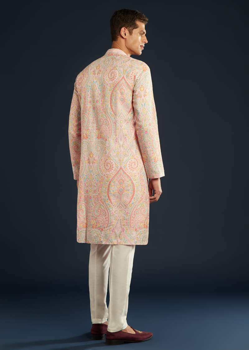 Pink  Mens Kurta Set with Resham Thread Embroidery