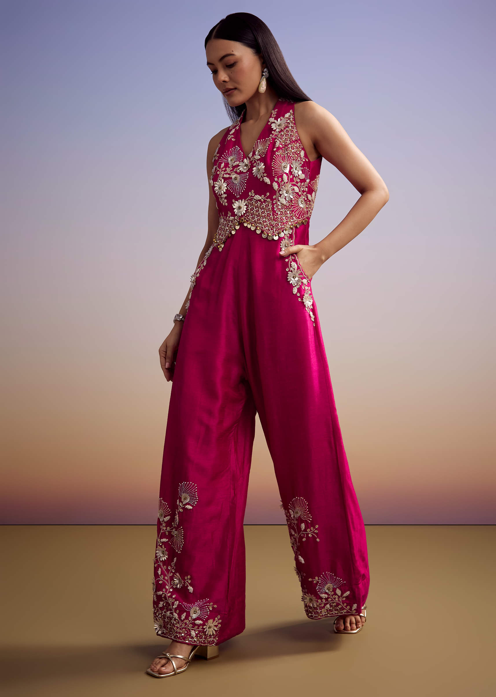 Buy Pink Silk Jumpsuit With Embroidery And V Neckline