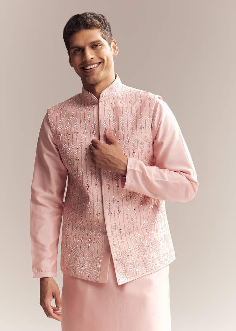 Pink Silk Kurta Jacket Set For Men With Mirror Embroidery