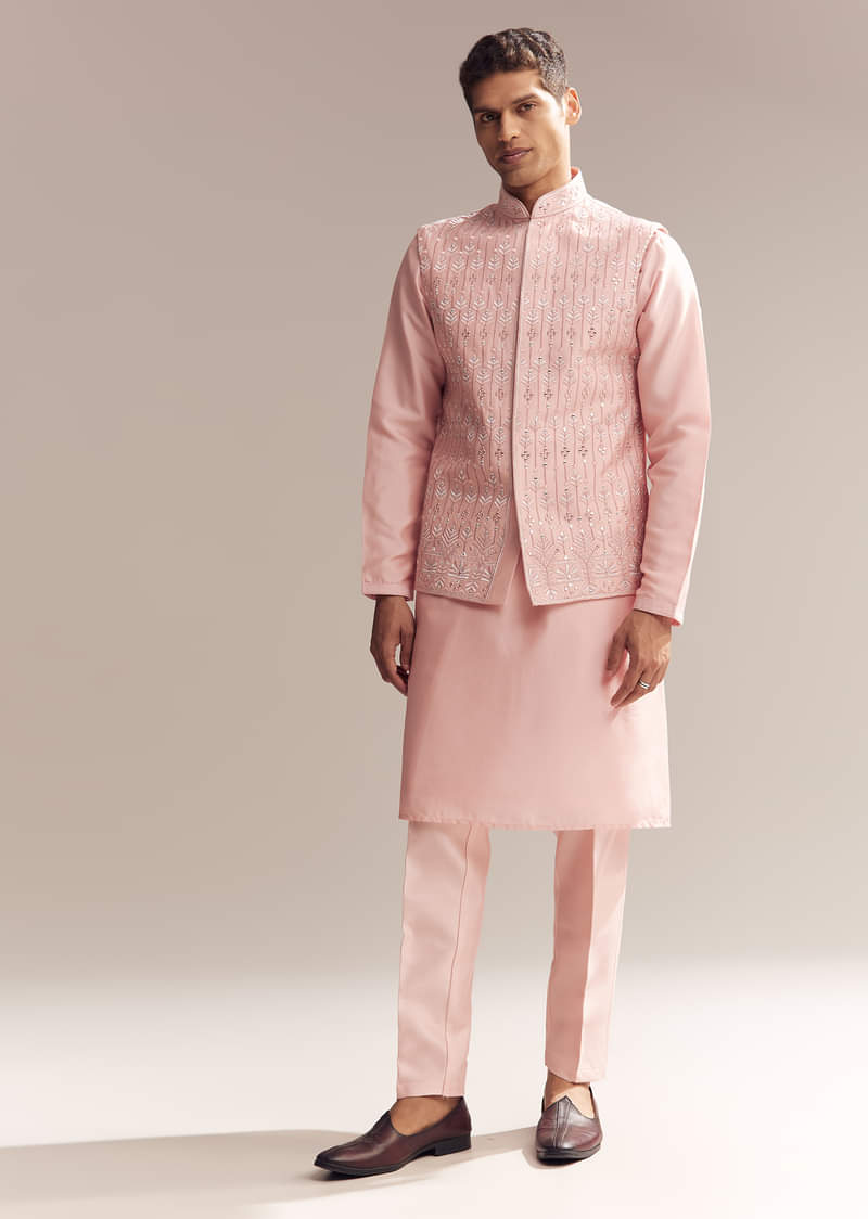 Pink Silk Kurta Jacket Set For Men With Mirror Embroidery