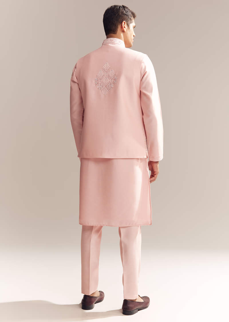 Pink Silk Kurta Jacket Set For Men With Mirror Embroidery