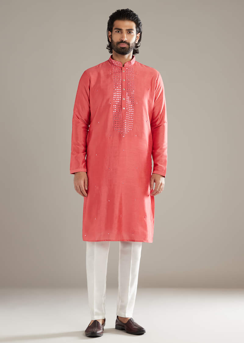 Pink Silk Kurta Set For Men With Mirror Work