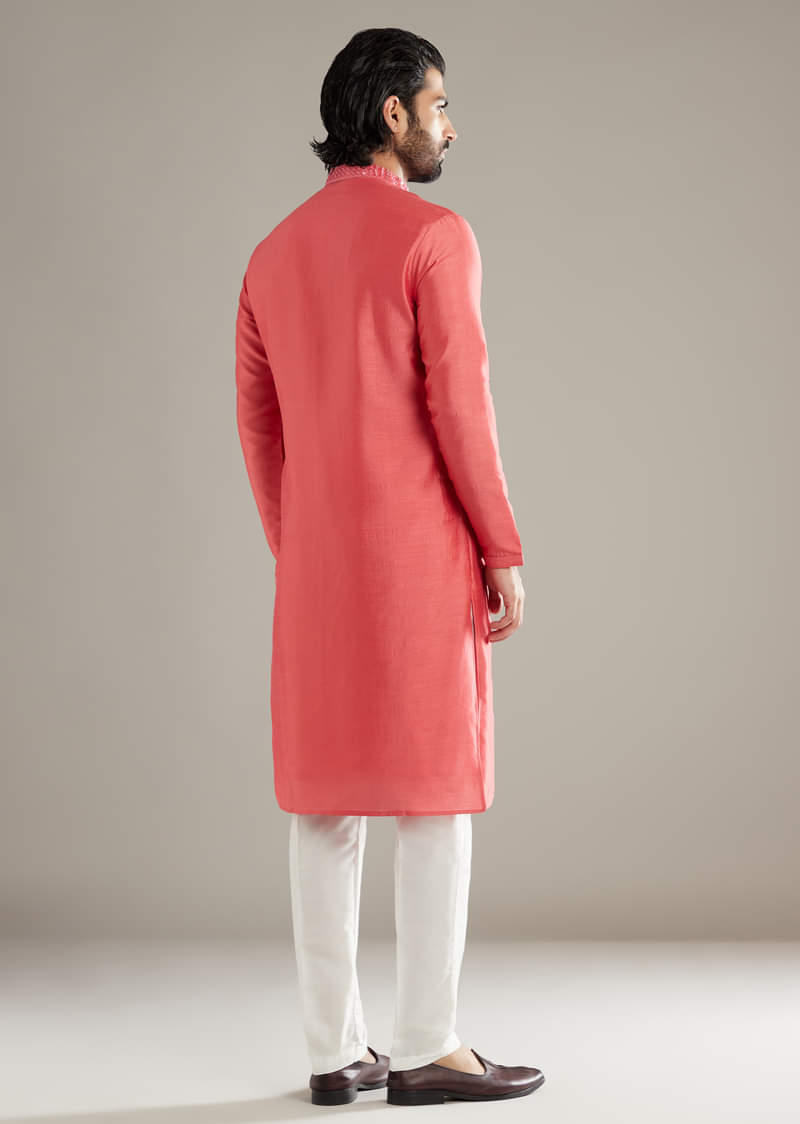 Pink Silk Kurta Set For Men With Mirror Work
