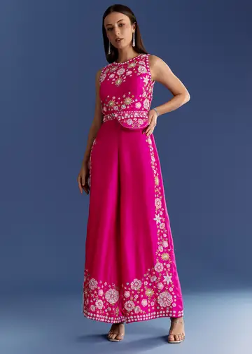 Pink Thread And Moti Work Jumpsuit With Waist Belt