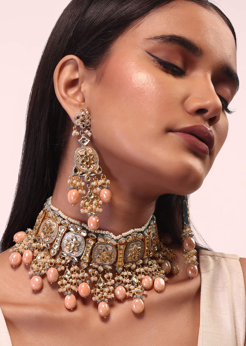 Pink And Gold Meenakari Choker Necklace Set With Beads