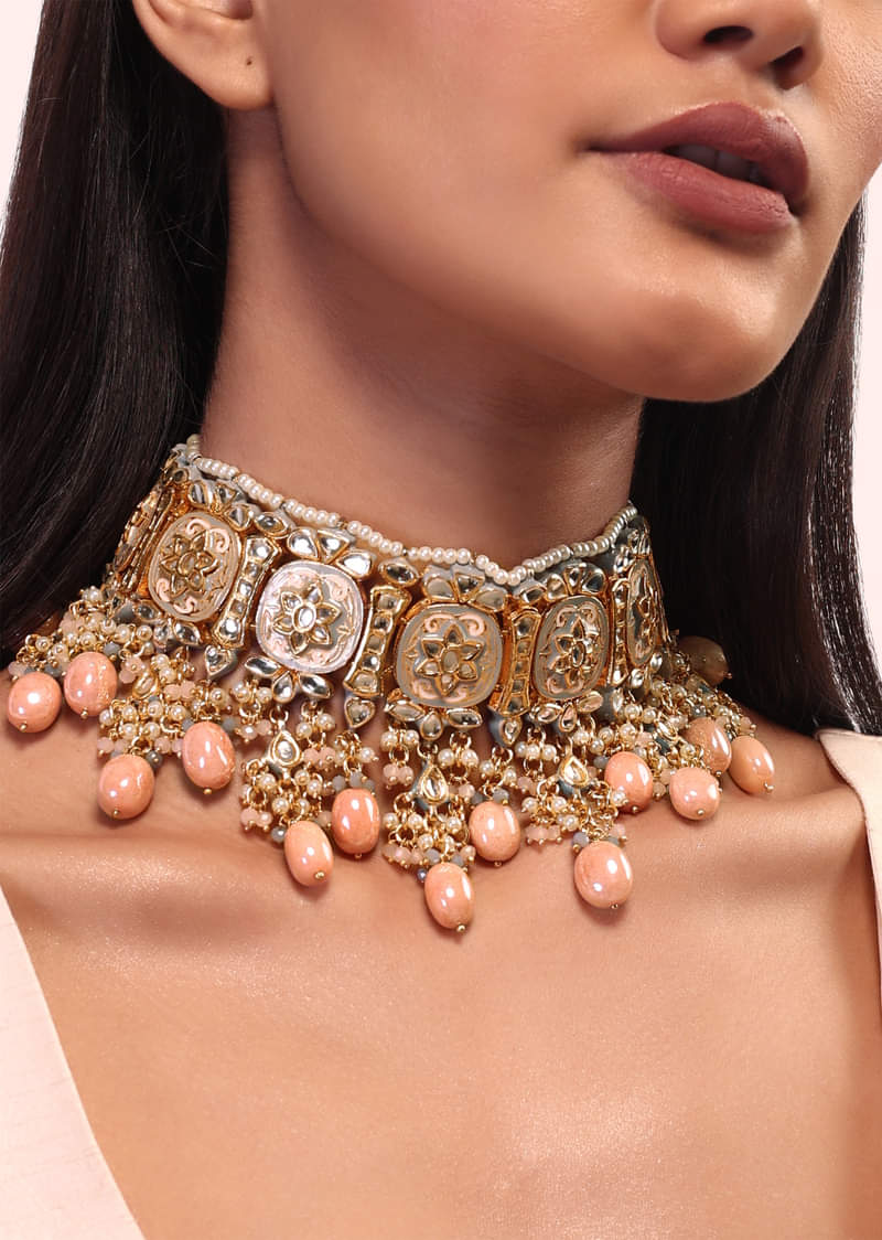Pink And Gold Meenakari Choker Necklace Set With Beads