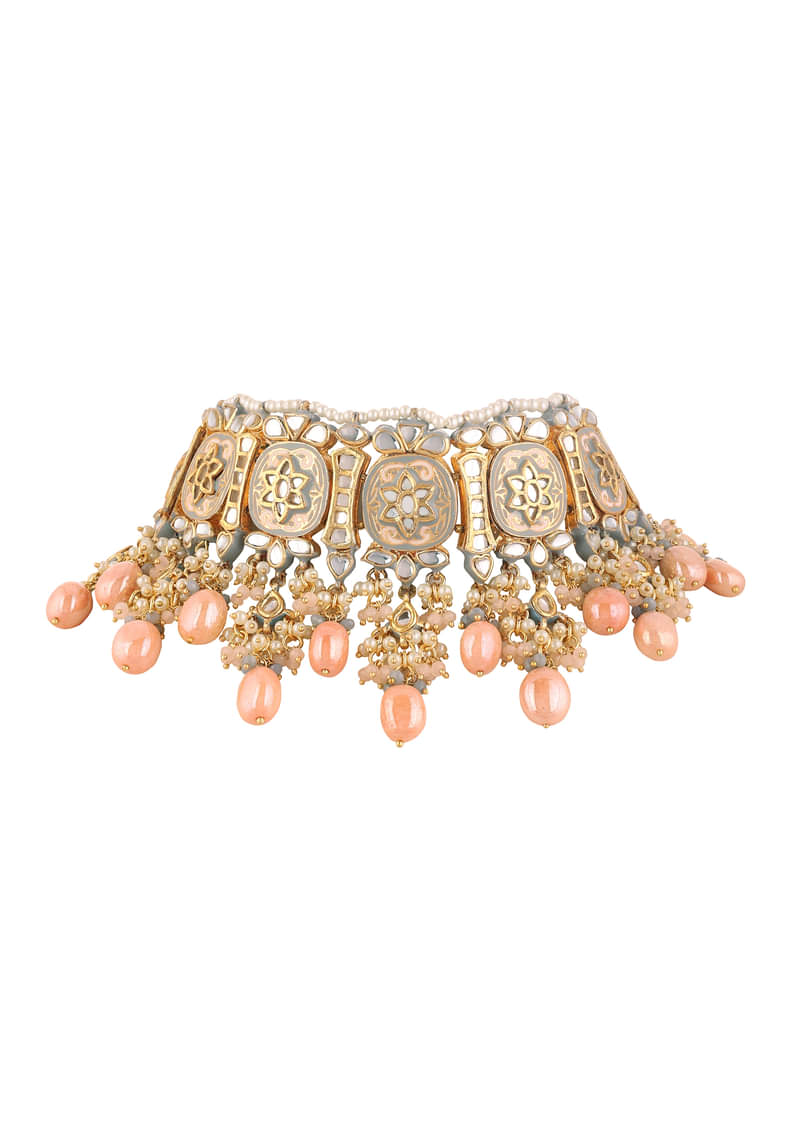 Pink And Gold Meenakari Choker Necklace Set With Beads