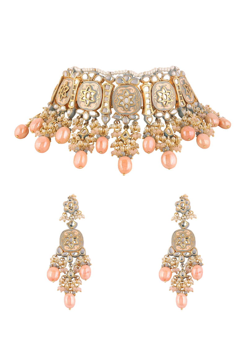 Pink And Gold Meenakari Choker Necklace Set With Beads