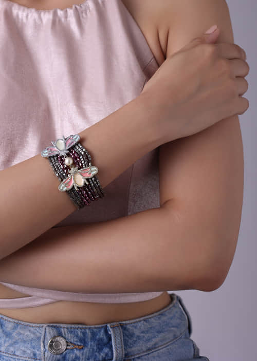 Buy Pink And Grey Toned Bee Bracelet In Glass Beads