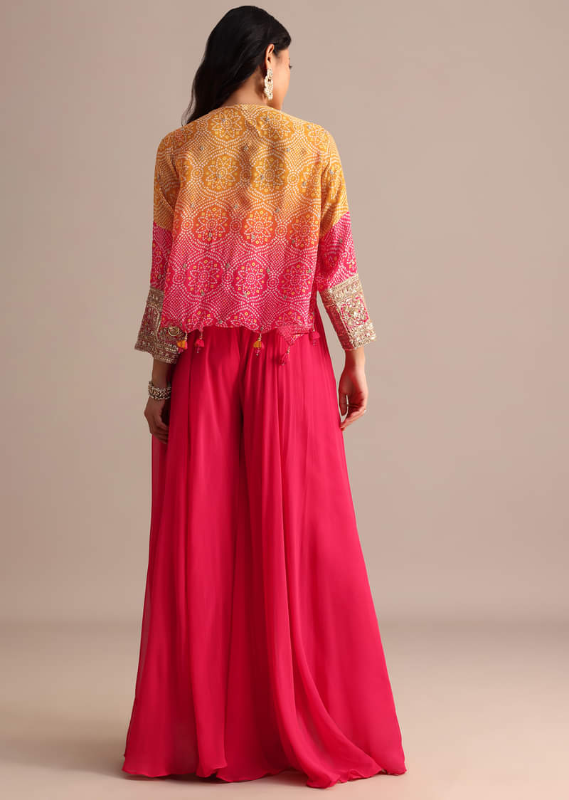 Pink And Orange Bandhani Printed Jacket Palazzo Suit
