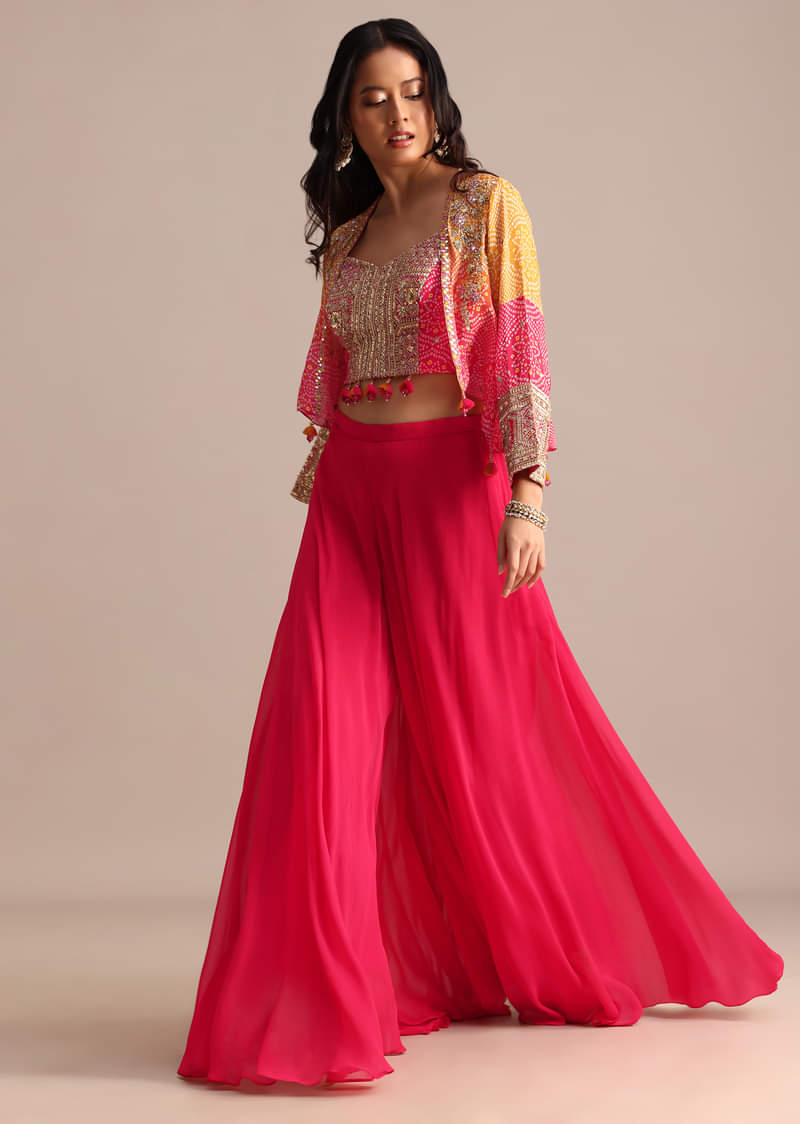 Pink And Orange Bandhani Printed Jacket Palazzo Suit