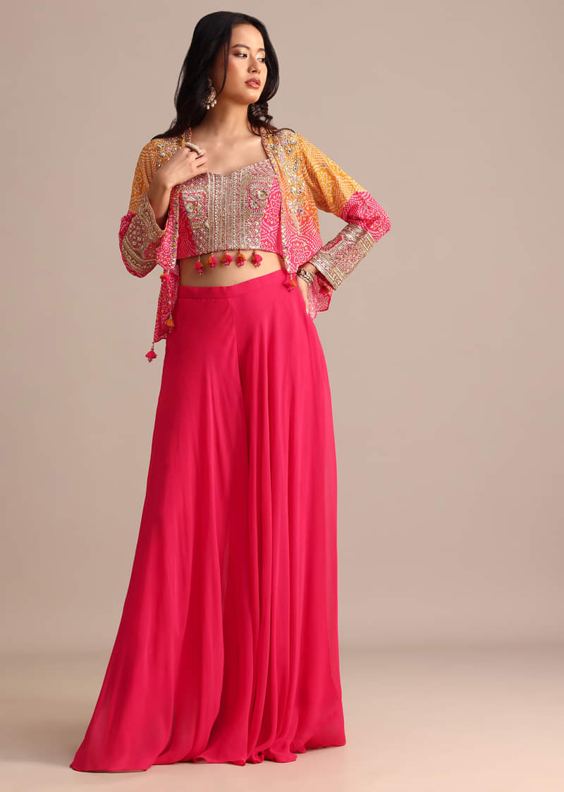 Pink And Orange Bandhani Printed Jacket Palazzo Suit