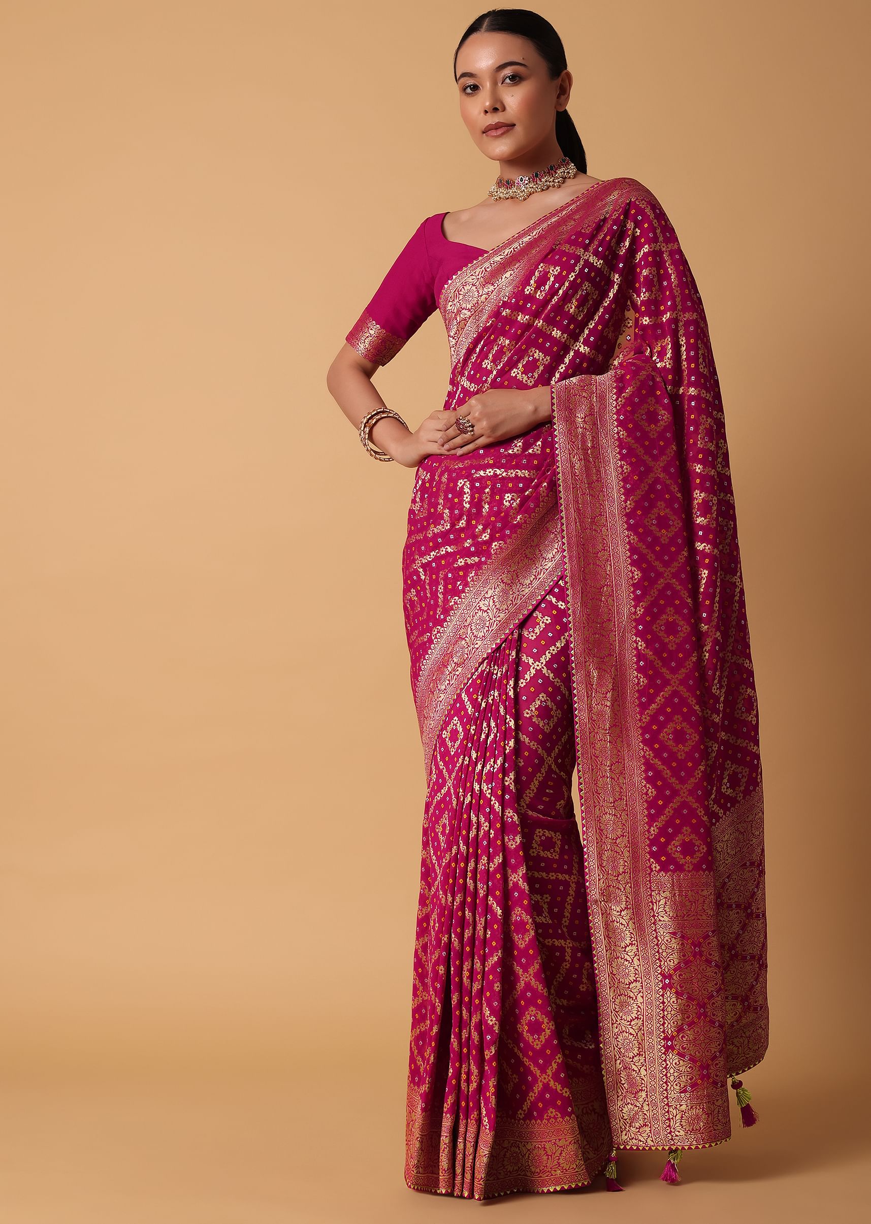 Buy Pink Banarasi Georgette Saree With Bandhani Detail And Unstitched Blouse Piece