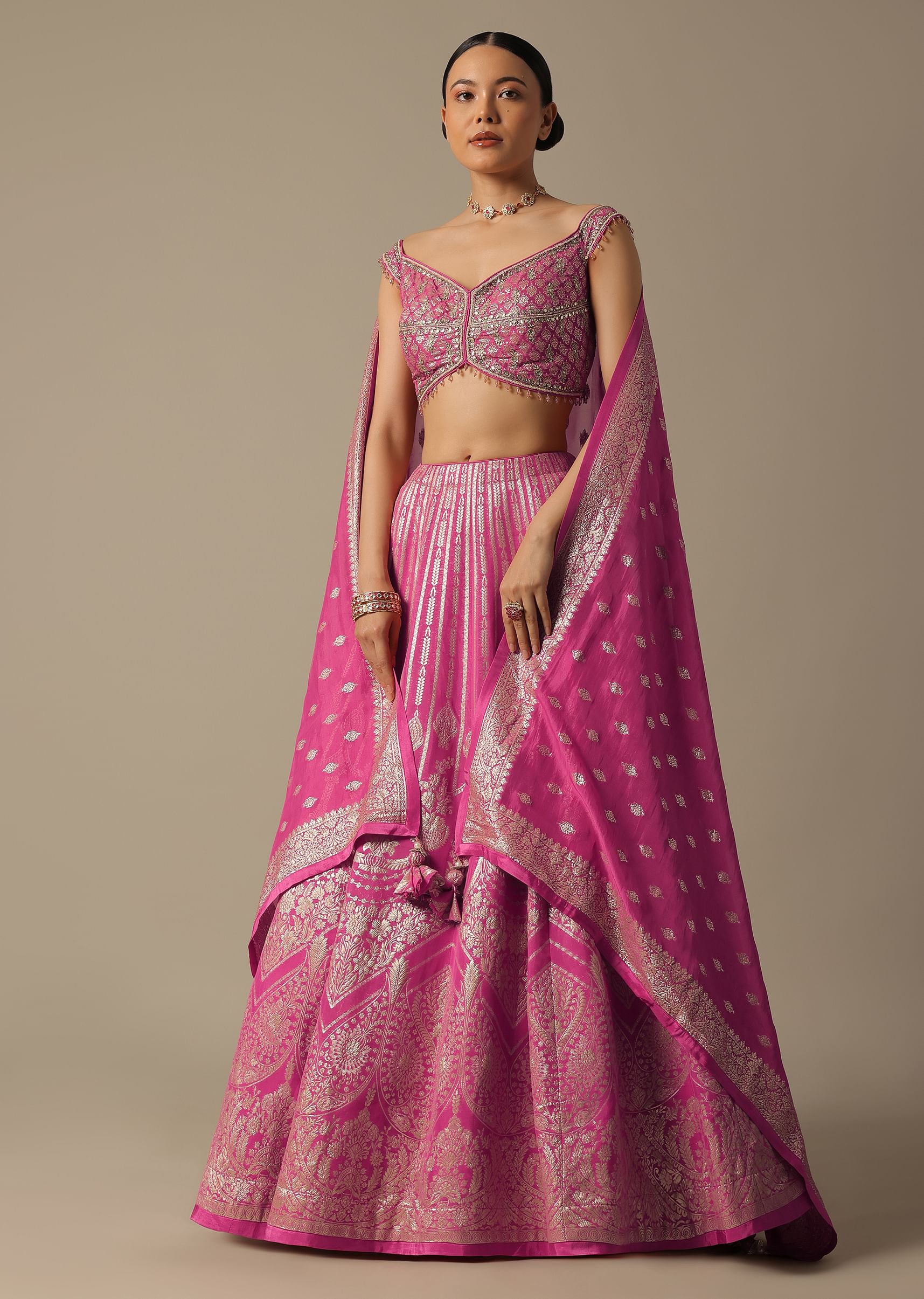 Buy Pink Banarasi Silk Lehenga Set With Gota Patti KALKI Fashion India