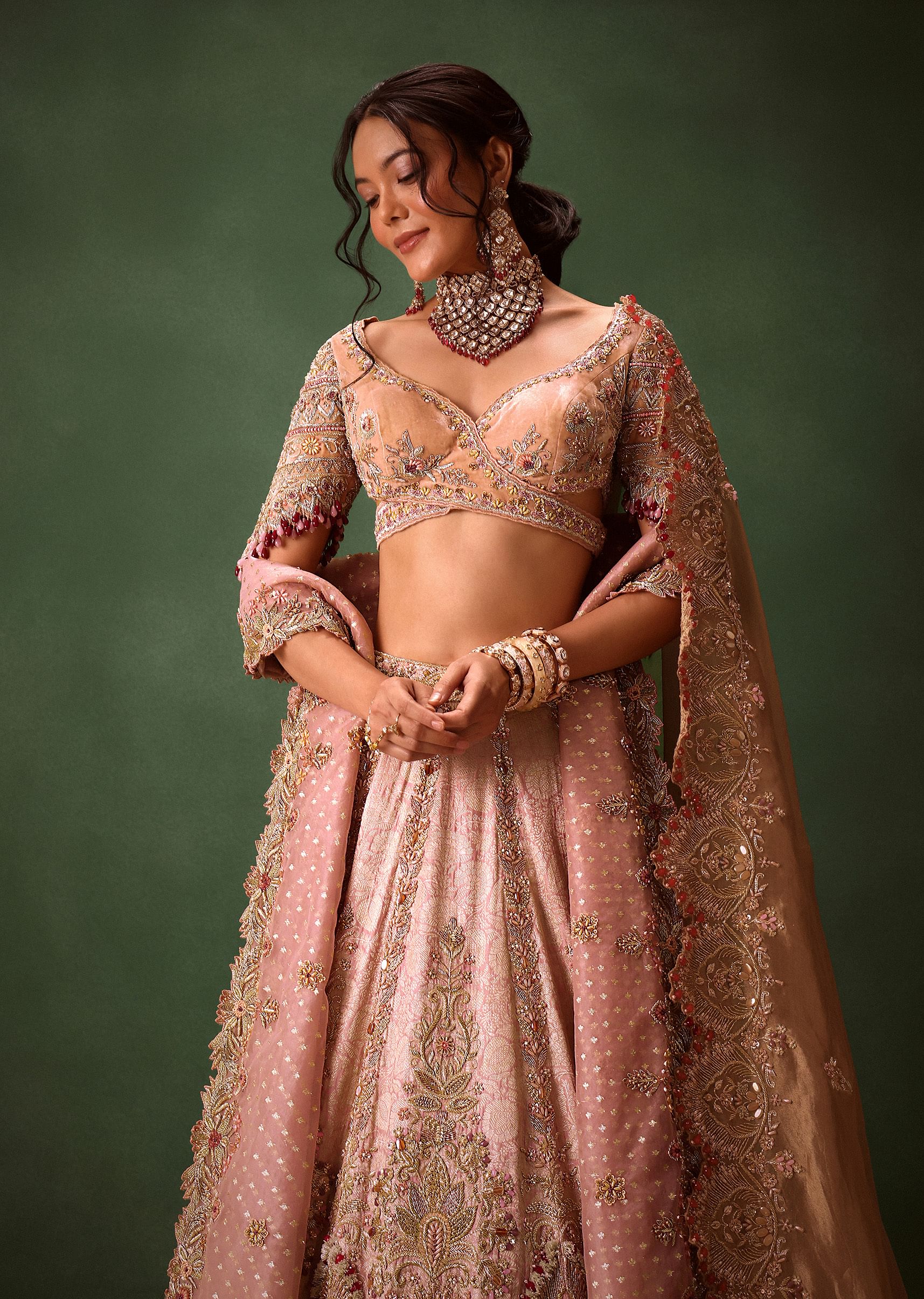 Buy Pink Brocade Velvet Lehenga Choli With Two Scallop Dupattas