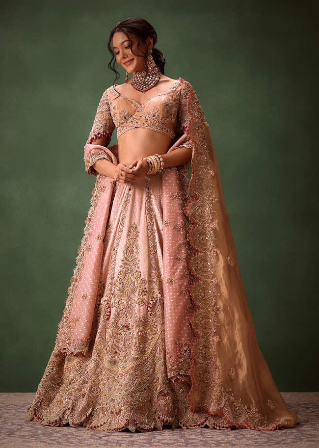 Pink Brocade Velvet Lehenga Choli With Two Scallop Dupattas