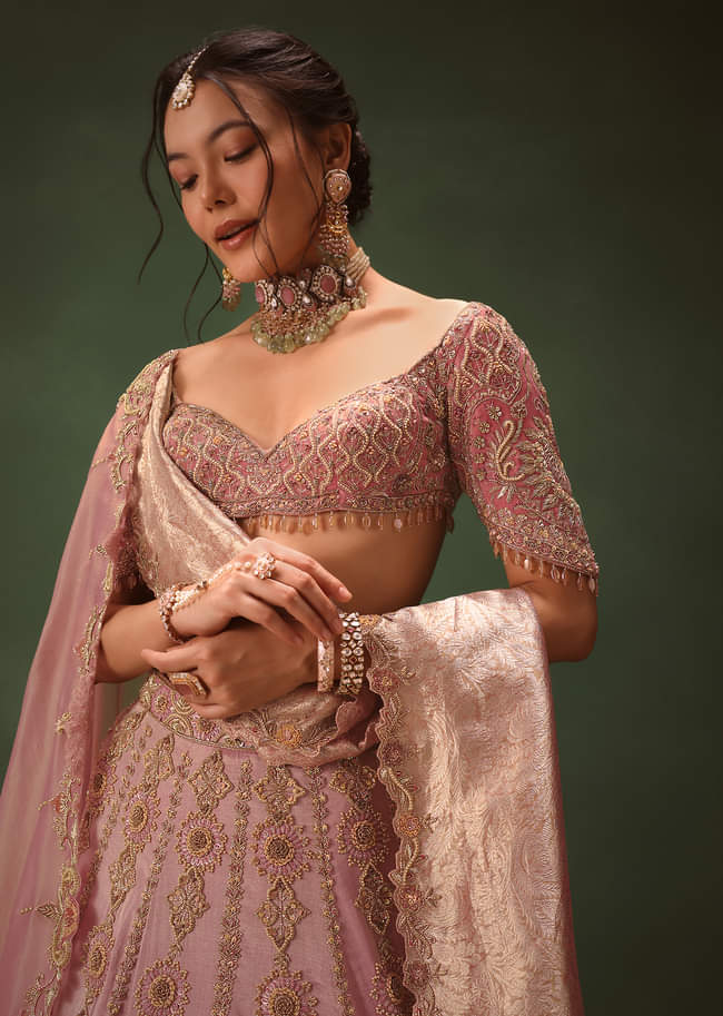 Pink Chanderi Silk Heavy Embroidered Lehenga Set