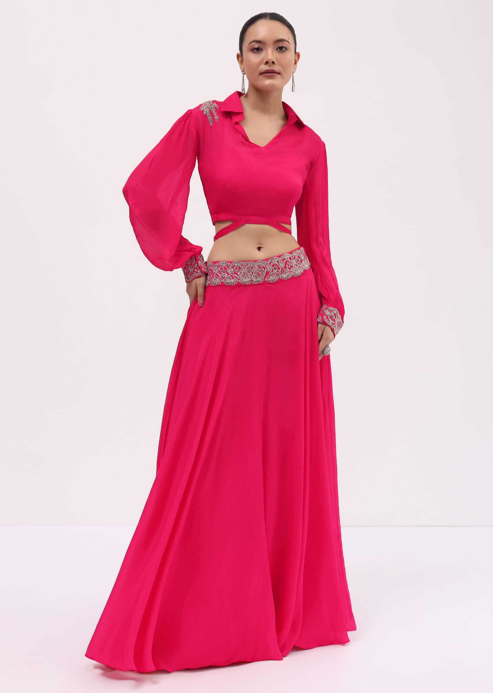 Buy Pink Chiffon Crop Top And Skirt KALKI Fashion Global