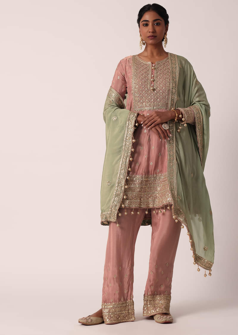 【数量は多】 Chiffon Pink Buy Pant Global Fashion KALKI | Work Zari With Set Clothing