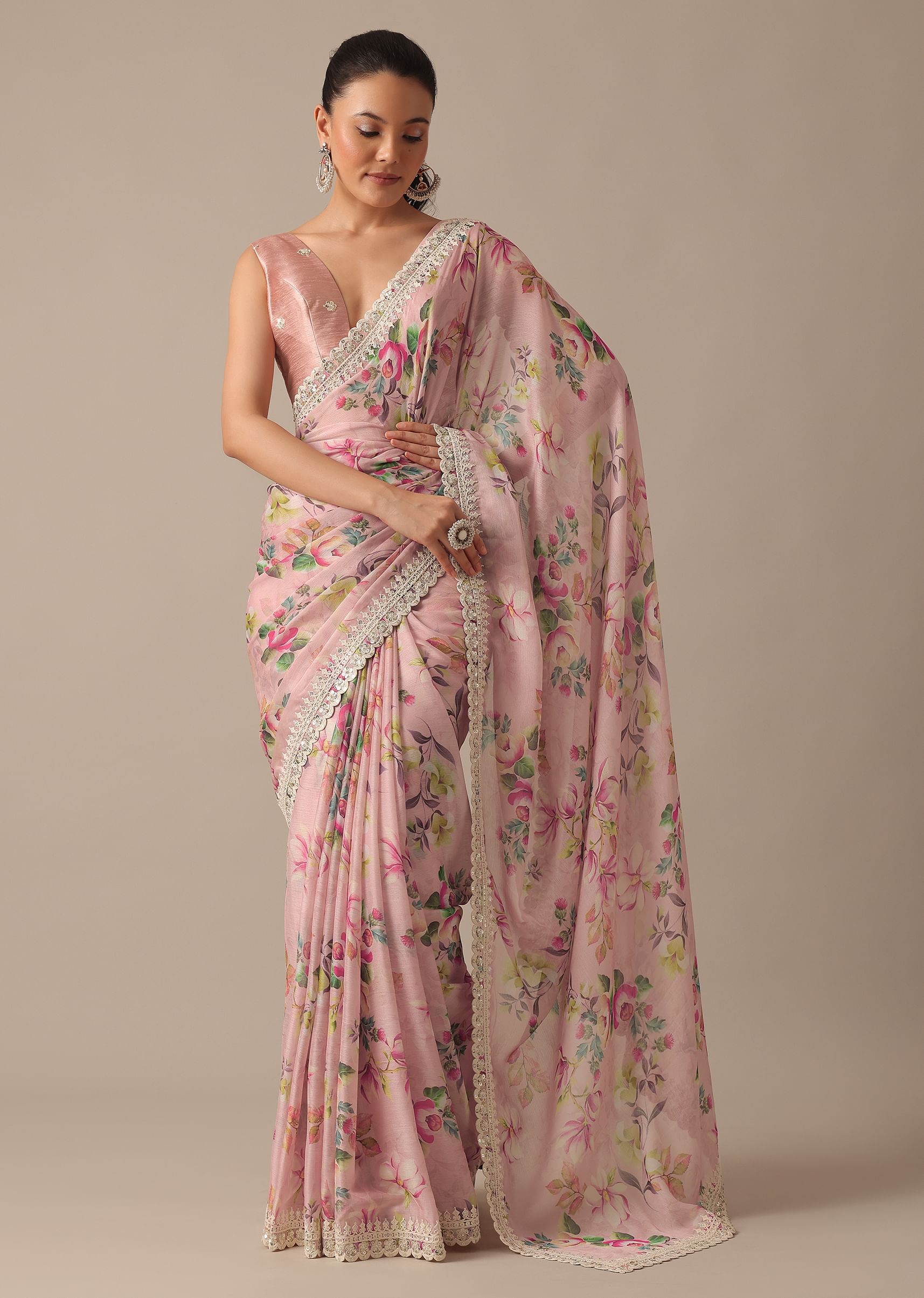 Buy Pink Chiffon Saree With Floral Prints And Unstitched Blouse Piece