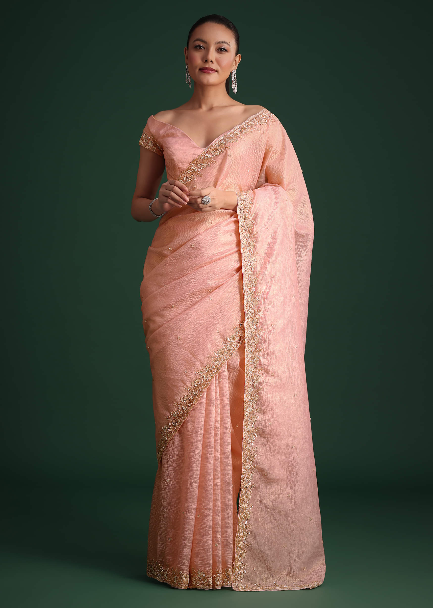 SARI♡ Buy Copper Tissue Saree With Cutdana And Stone Embroidery