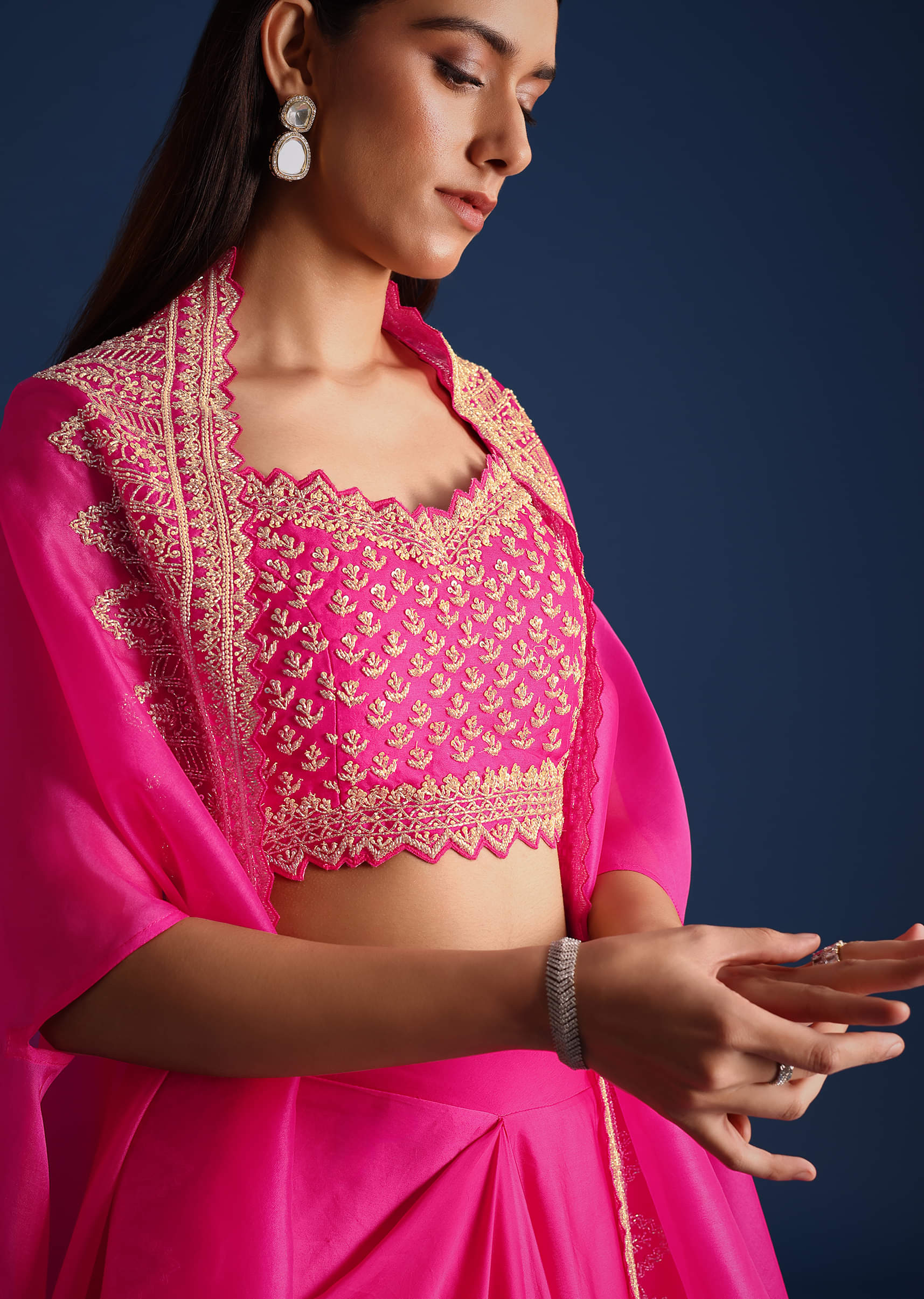 Buy Pink Cutdana Embroidered Crop Top With Jacket And Skirt