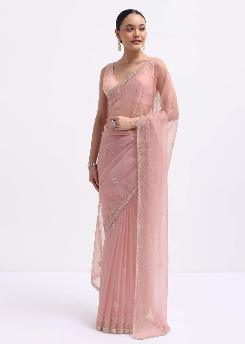 Pink Cutdana Embroidered Organza Saree With Unstitched Blouse