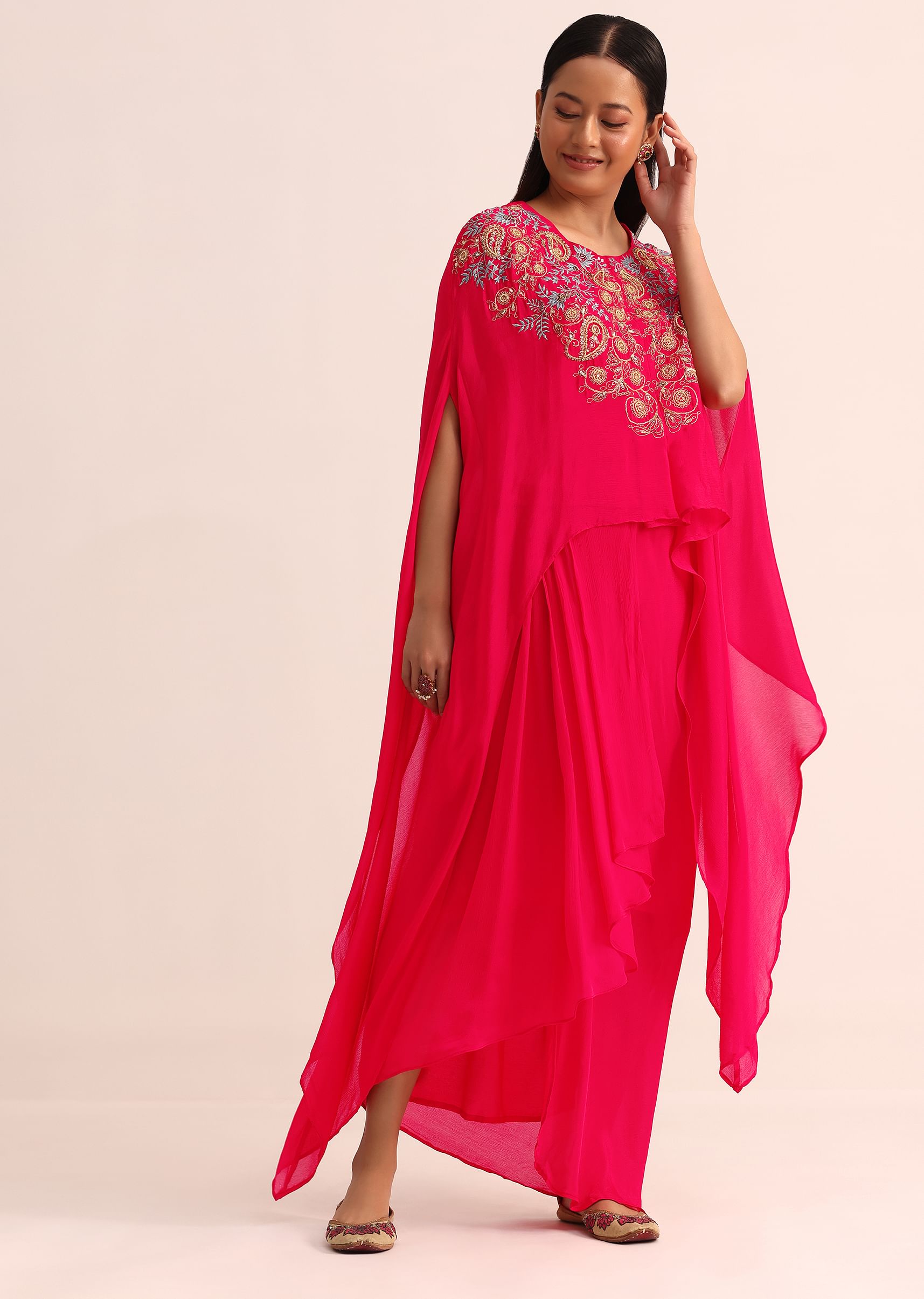 Buy Pink Embroidered Chiffon Skirt And Cape KALKI Fashion Global
