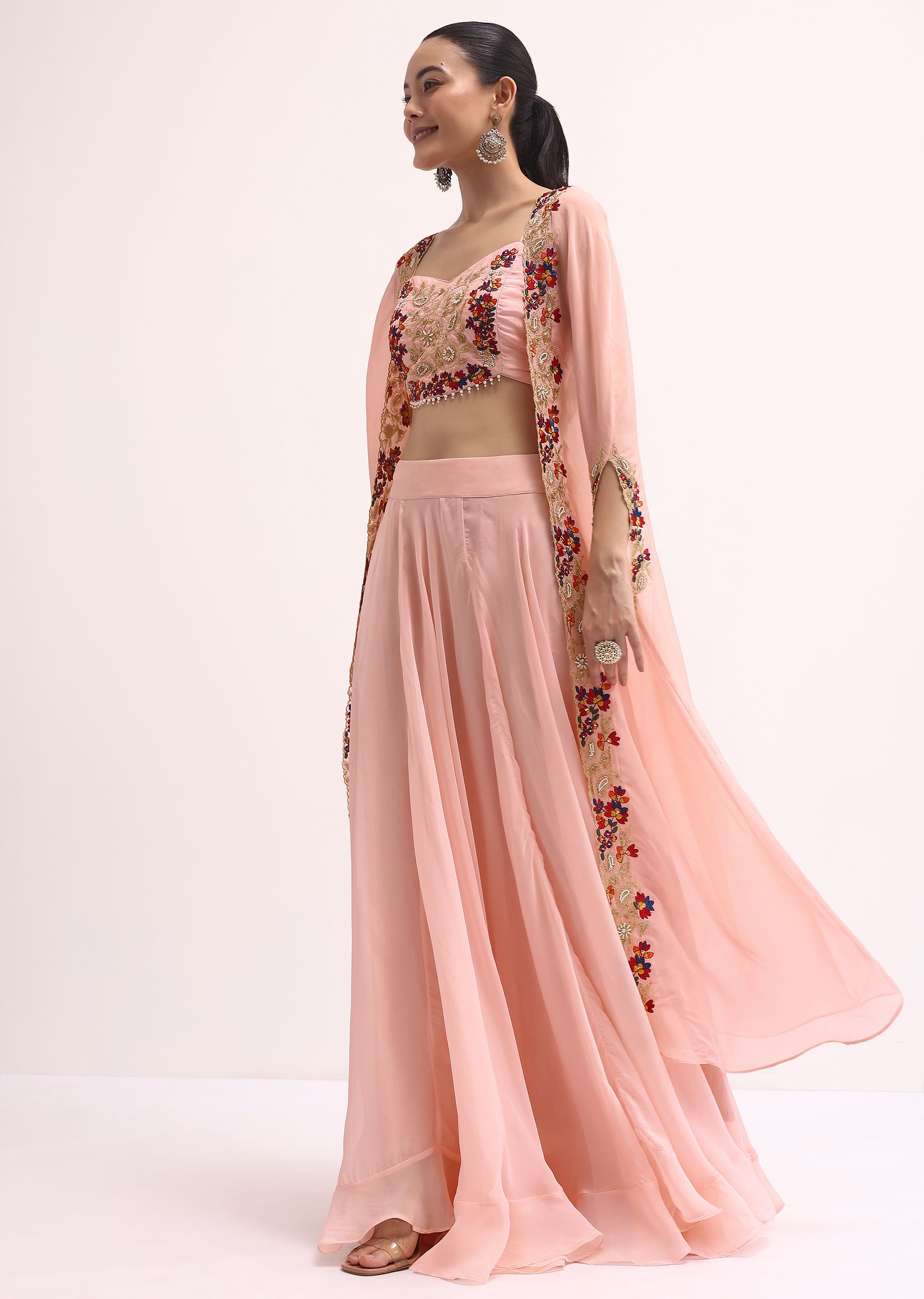 Buy Pink Embroidered Crop Top And Skirt Set Online in India