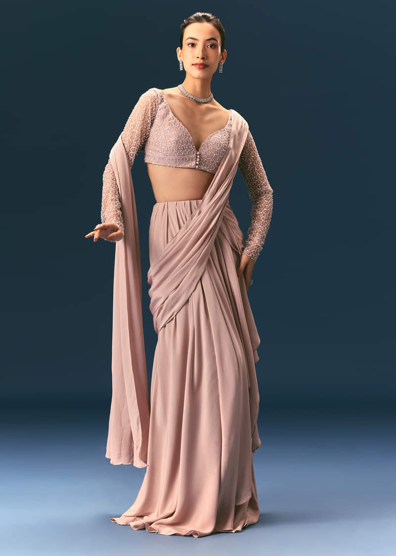 Pink Embroidered Draped Skirt Saree With Blouse