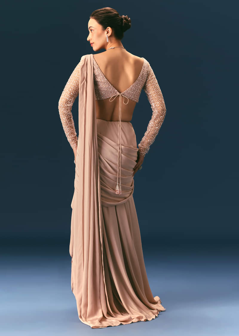 Pink Embroidered Draped Skirt Saree With Blouse