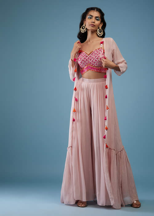 Buy Onion Pink Embroidered Mirror Crop Top and Palazzo Set in
