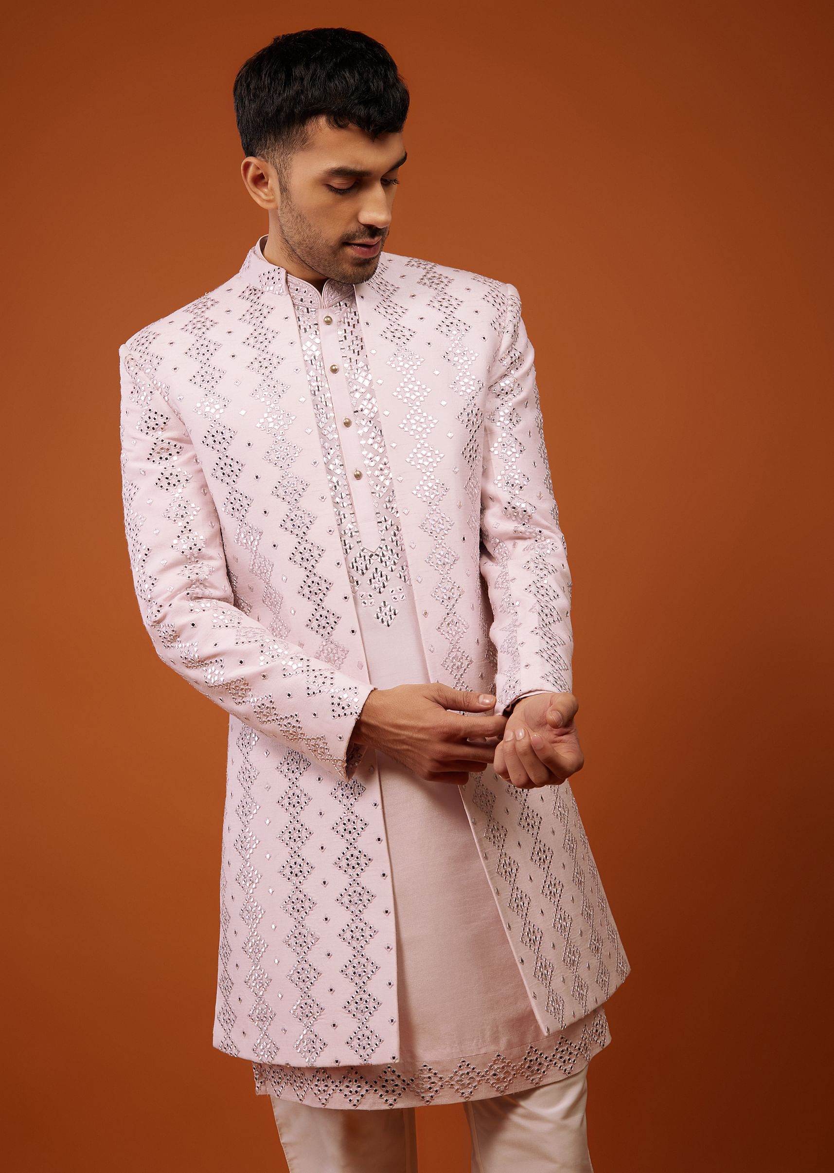 Buy Candy Pink Embroidered Indo Western Sherwani Set In Tussar Silk