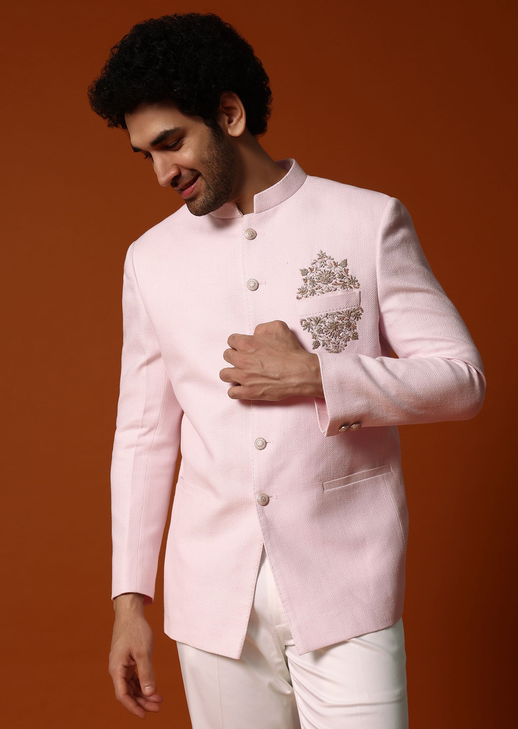 Buy Pink Embroidered Silk Jodhpuri Suit For Men