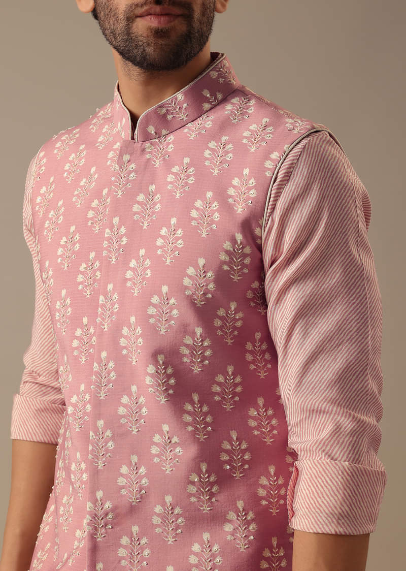 Pink Floral Bundi & Striped Kurta Set