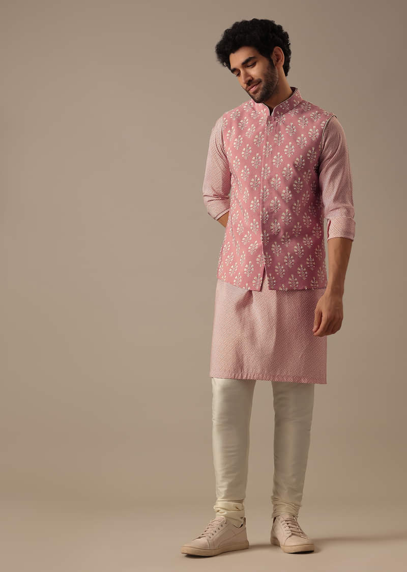 Pink Floral Bundi & Striped Kurta Set