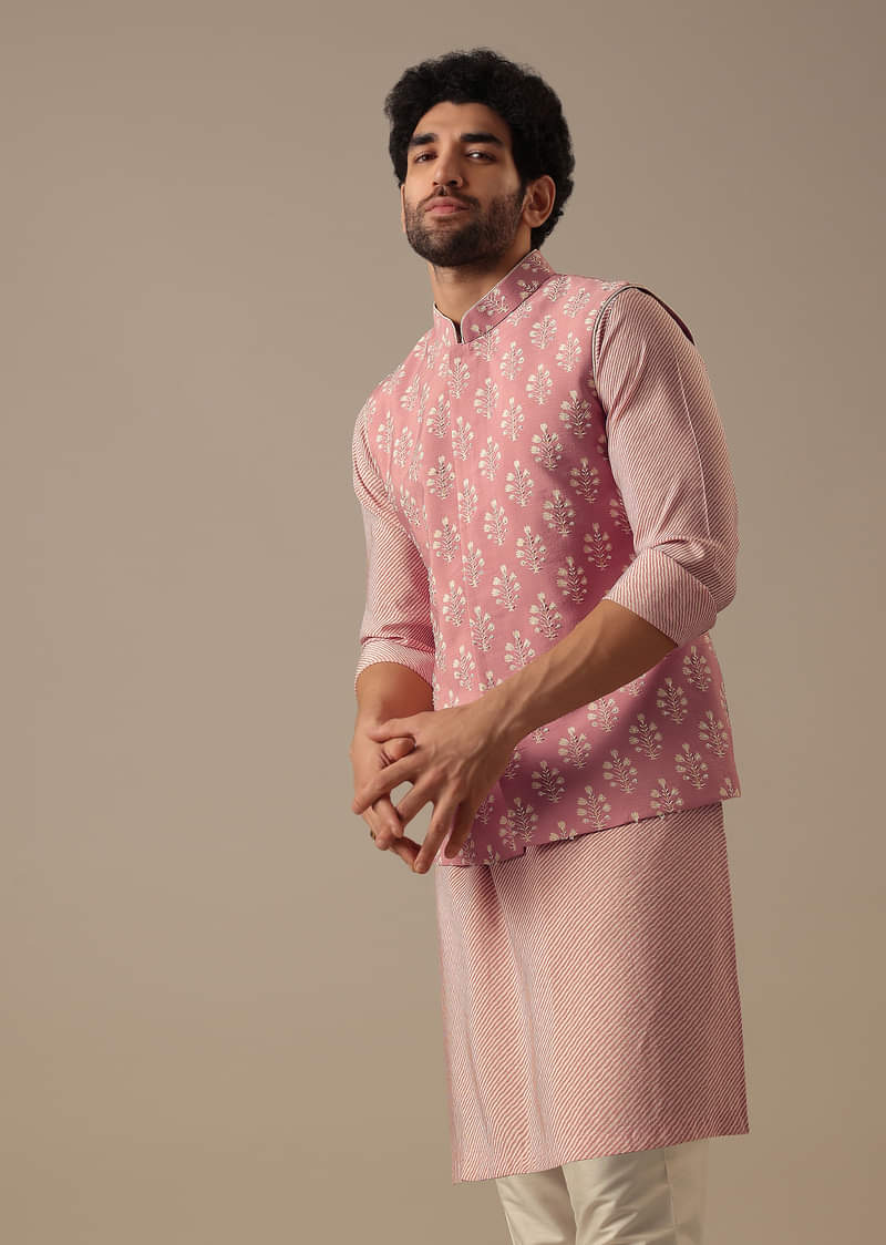 Pink Floral Bundi & Striped Kurta Set