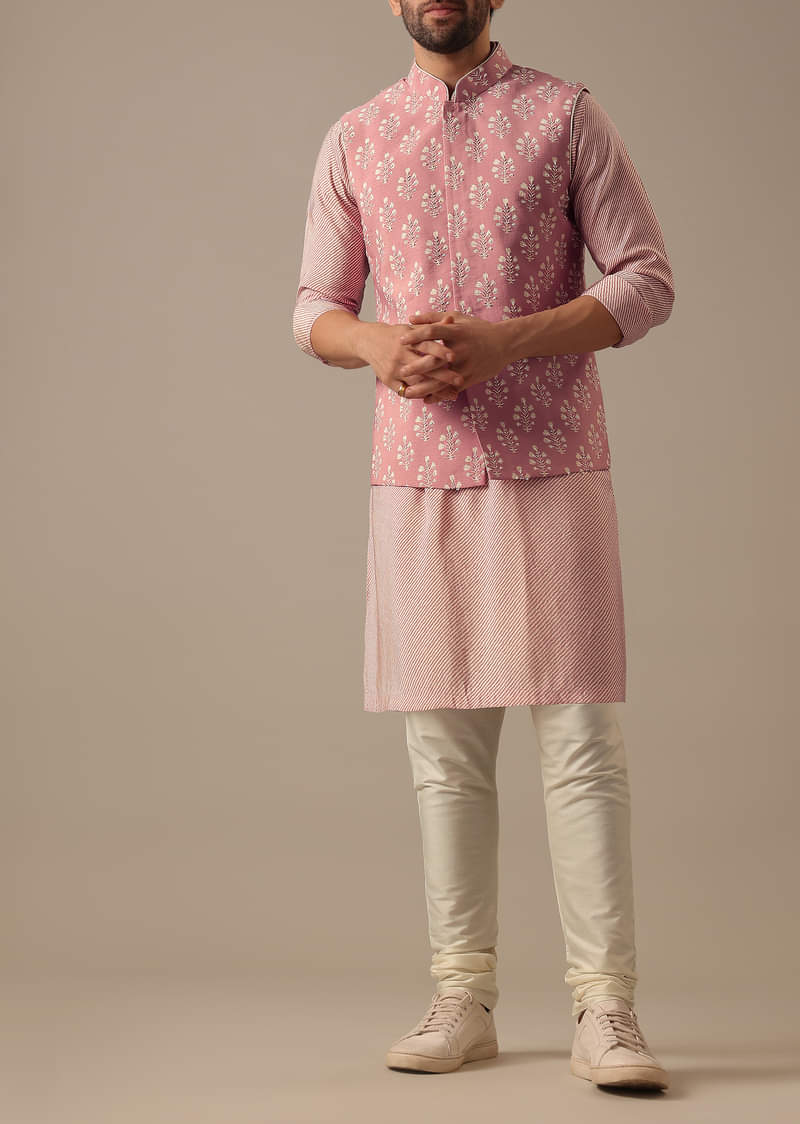 Pink Floral Bundi & Striped Kurta Set