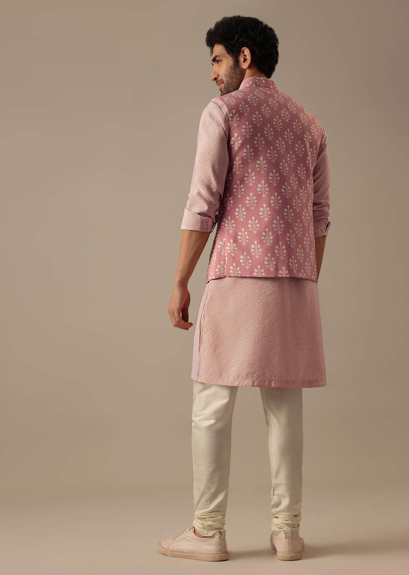 Pink Floral Bundi & Striped Kurta Set