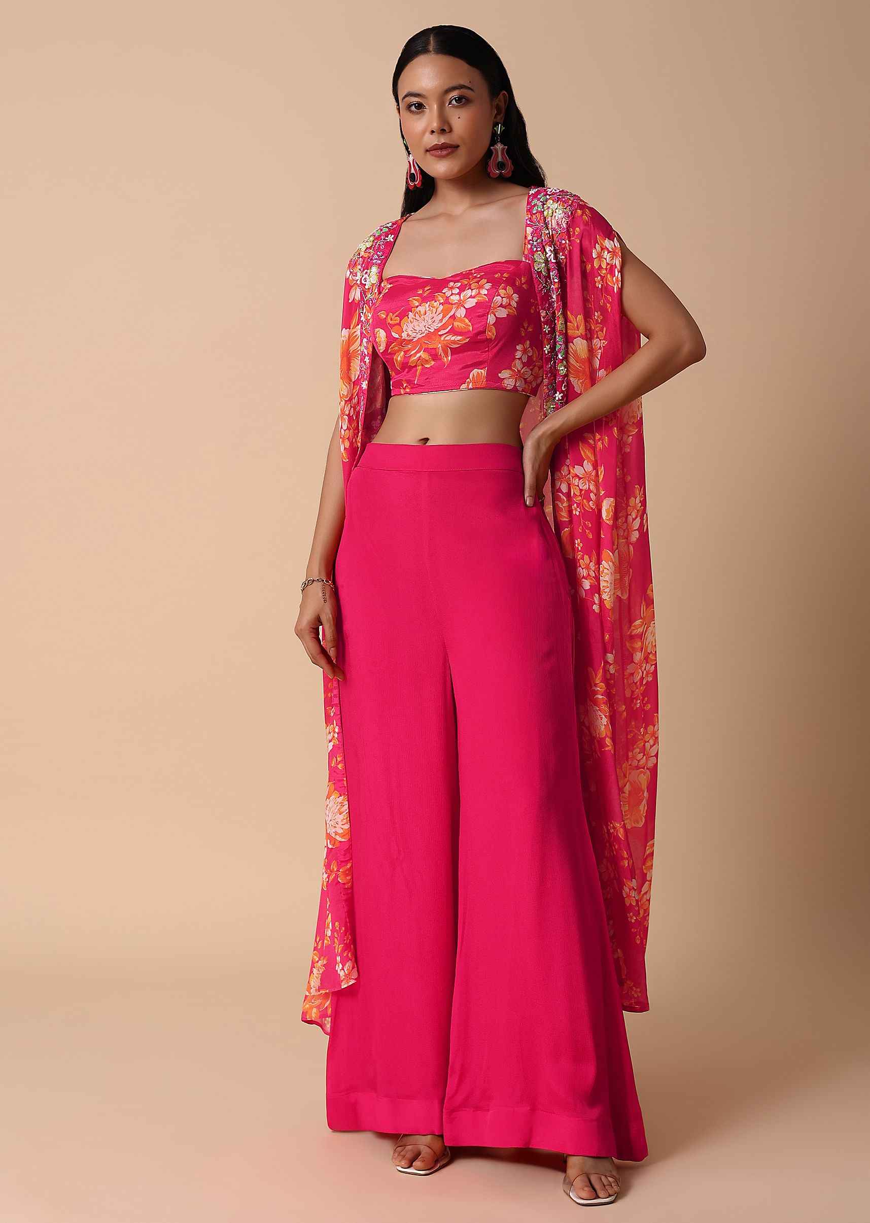 Buy Pink Floral Crop Top and Palazzo with Jacket Online in India