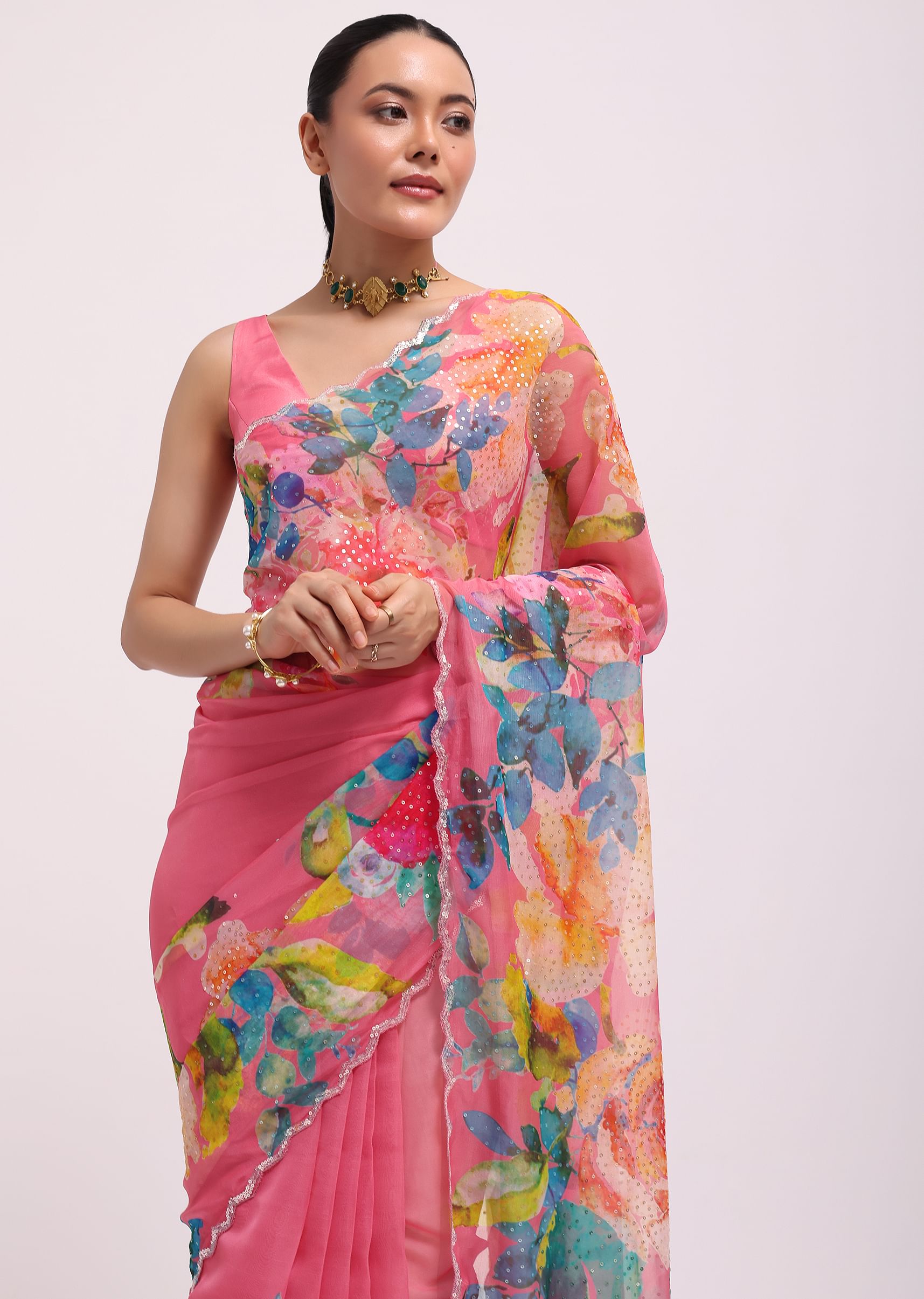 Buy Pink Floral Printed Organza Saree With Unstitched Blouse