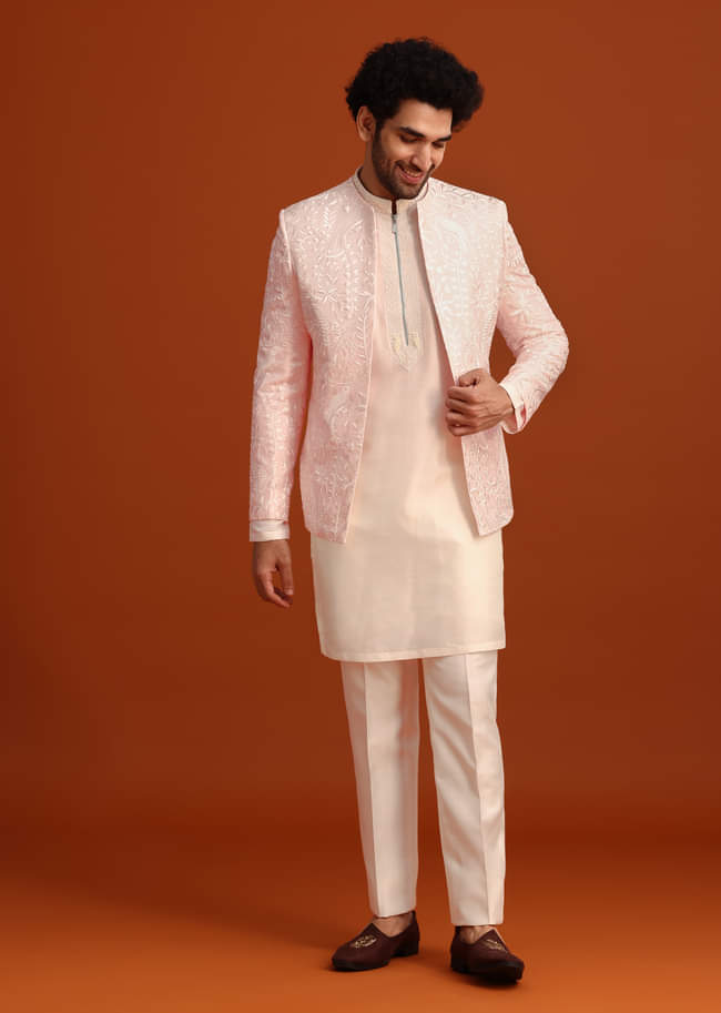 Pink Indo-Western Jacket And Kurta Set In Silk With French Knots