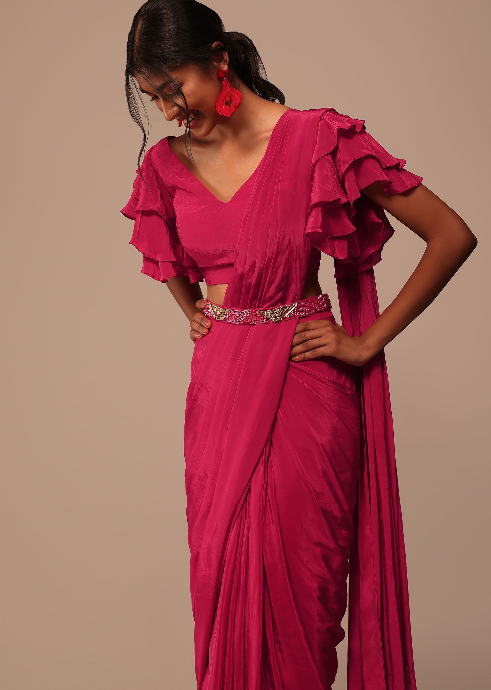 Buy Pink Indo western Saree And Layered Sleeves Blouse Set In Crepe