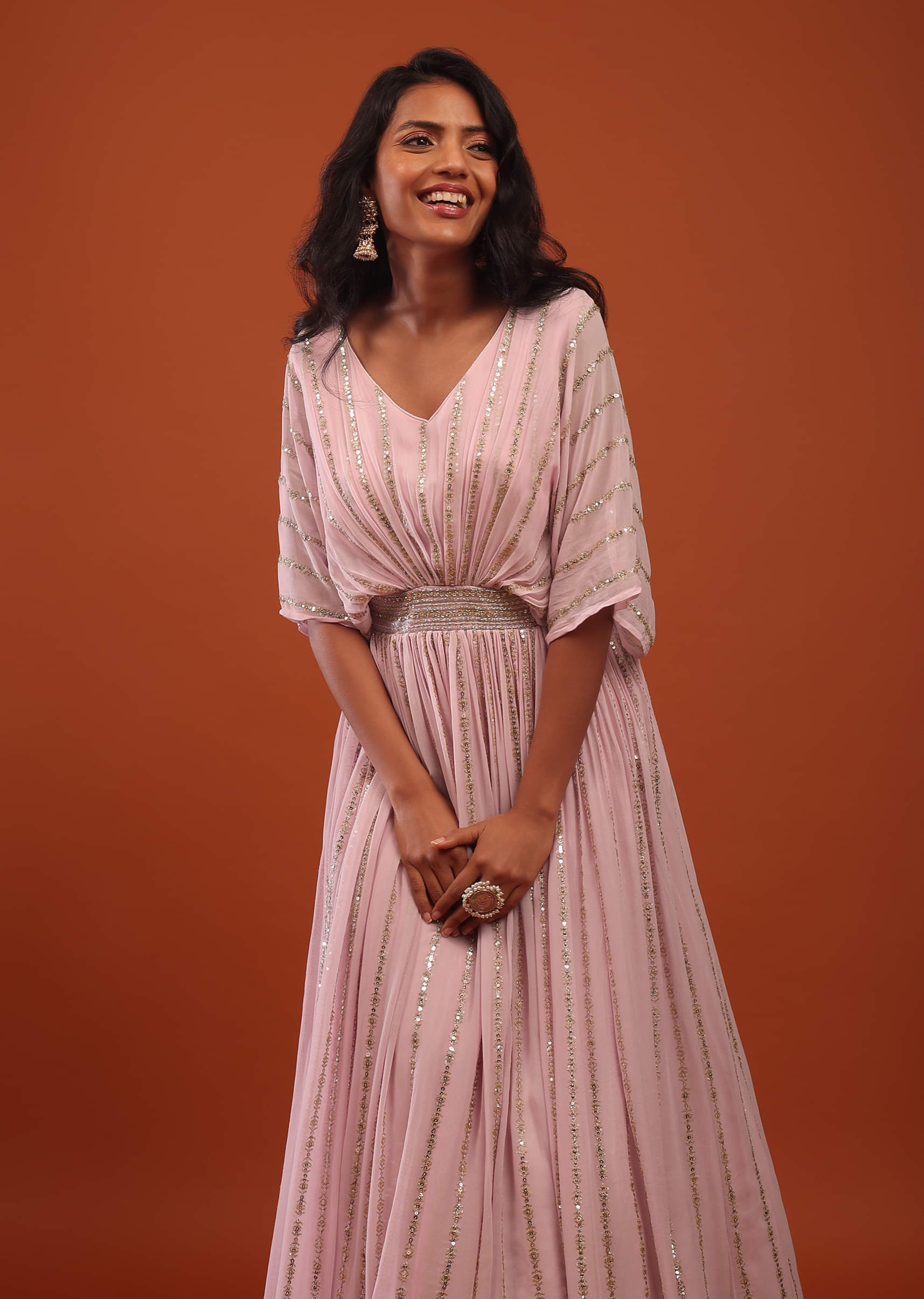 Buy Pink Lady Cut dana And Sequins Embroidered Georgette Kaftan Gown KALKI Fashion Global