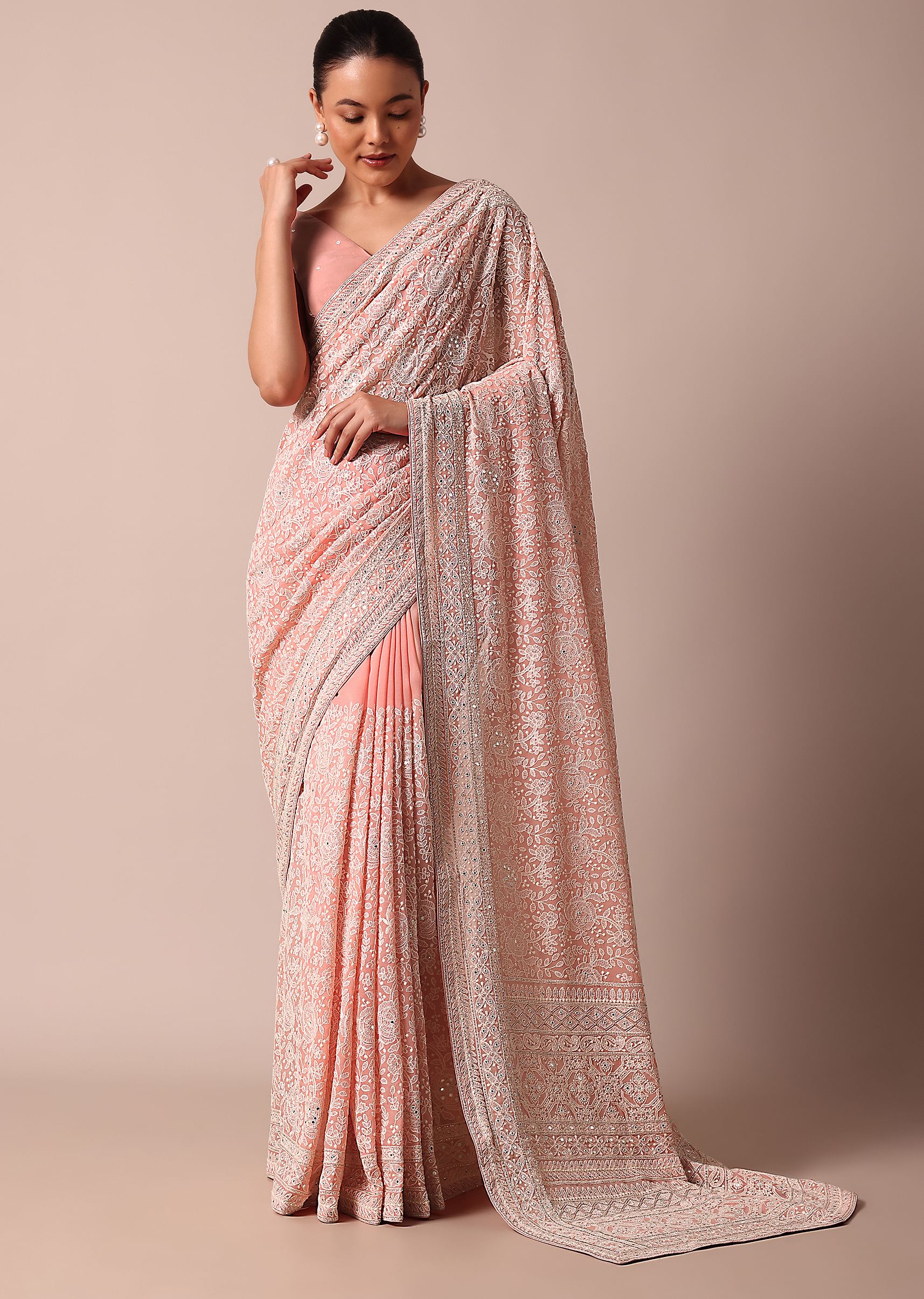 Buy Pink Lucknowi Chikankari Saree With Sequins And Unstitched Blouse Piece