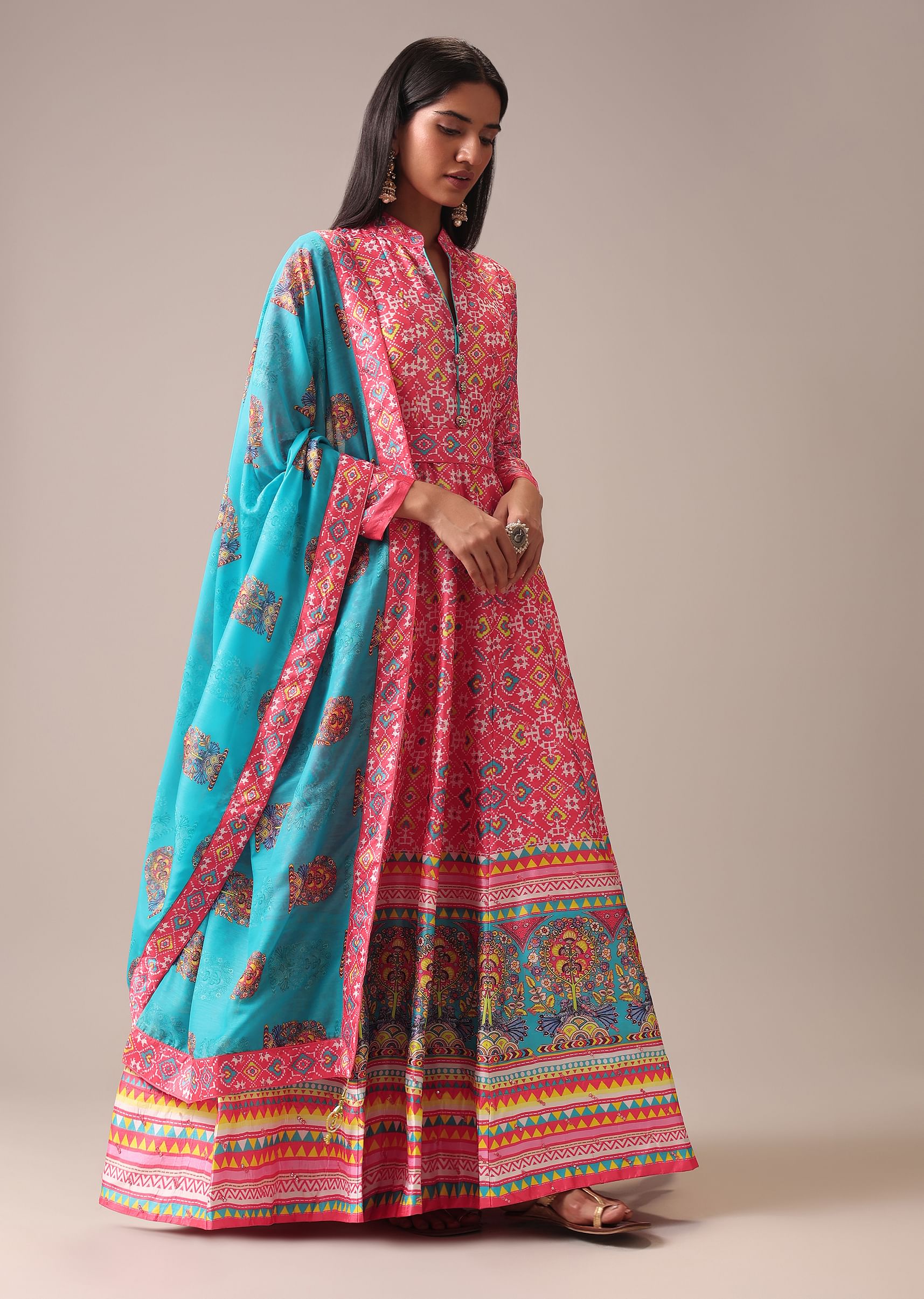 Buy Pink Patola Printed Anarkali Suit Set in Tussar Silk Online in India