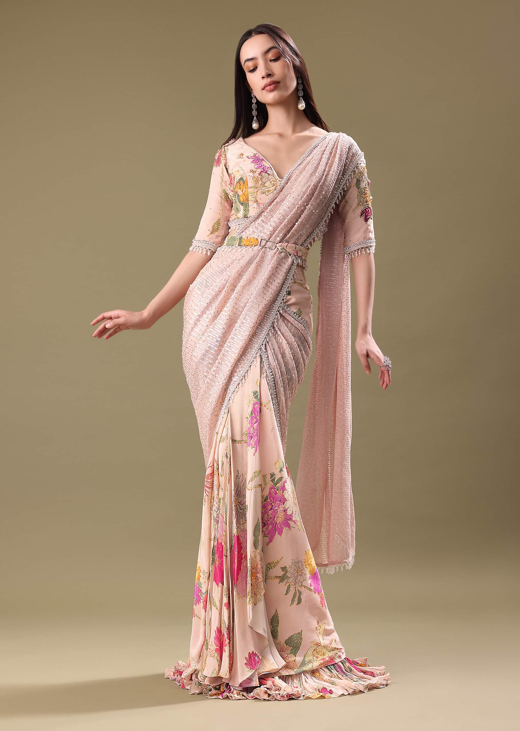 Buy Pink Printed Crepe Frill Saree KALKI Fashion India