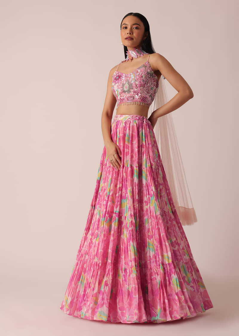 Pink Printed Lehenga Set With Ruffle Dupatta