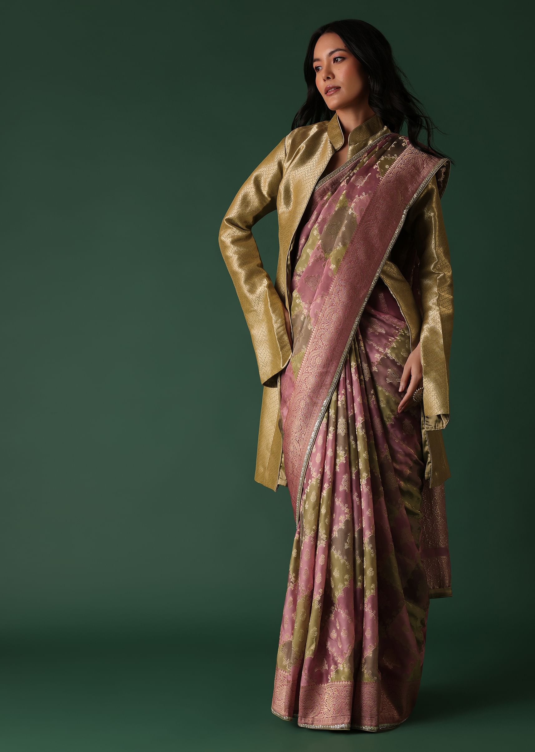 Buy Pink Printed Saree And Blouse With Brocade Jacket In Banarasi Silk