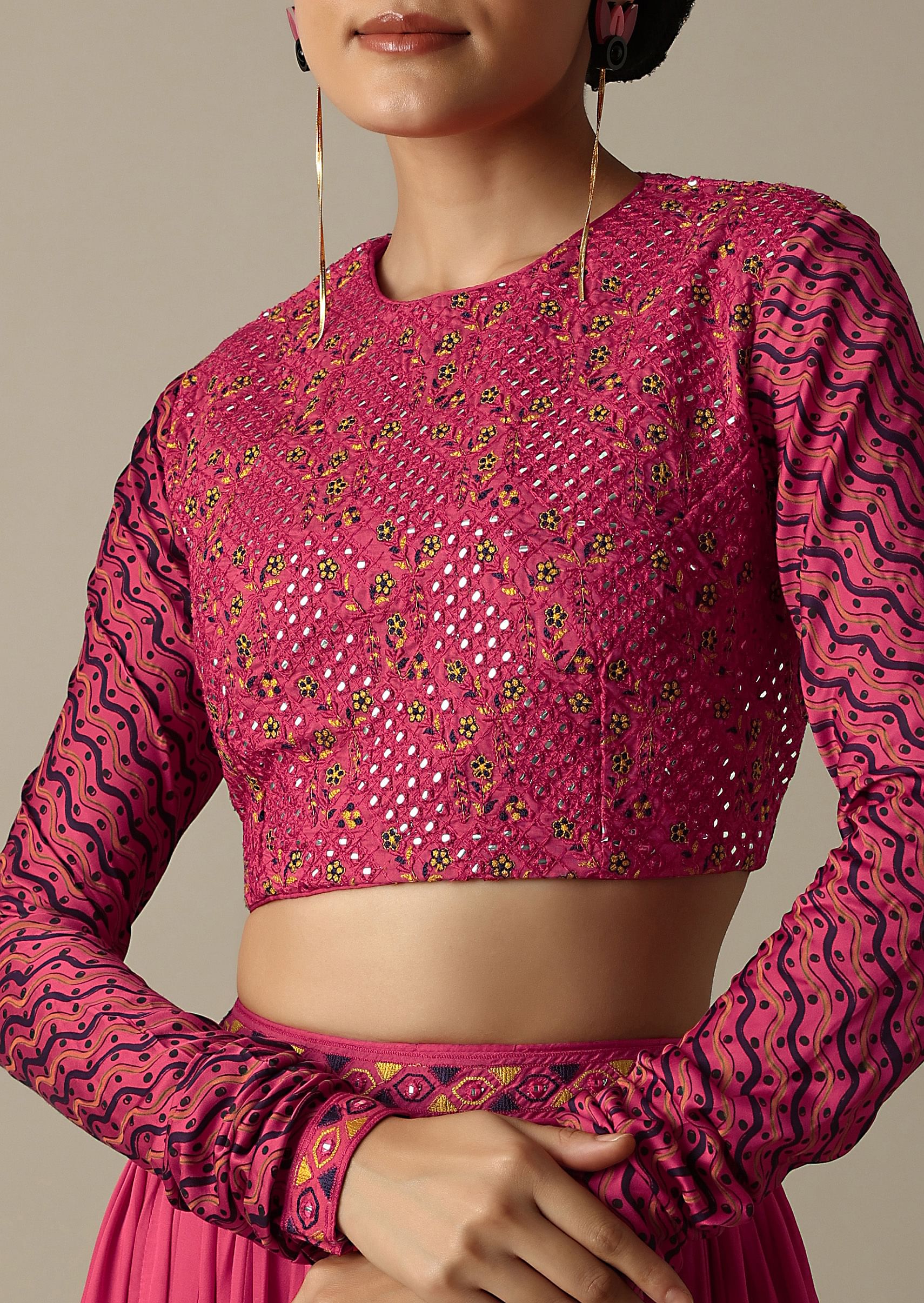 Buy Pink Printed Silk Skirt With Embroidered High Neck Crop Top KALKI Fashion Global
